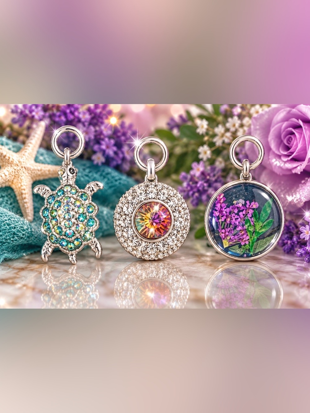 Silver Turtle, Crystal Disc & Floral Charm Bracelet Set - Silver
